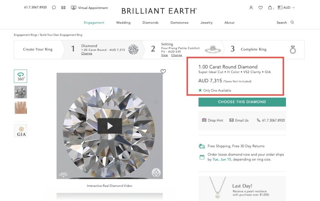 1 carat Diamond Brilliant Earth Australia
