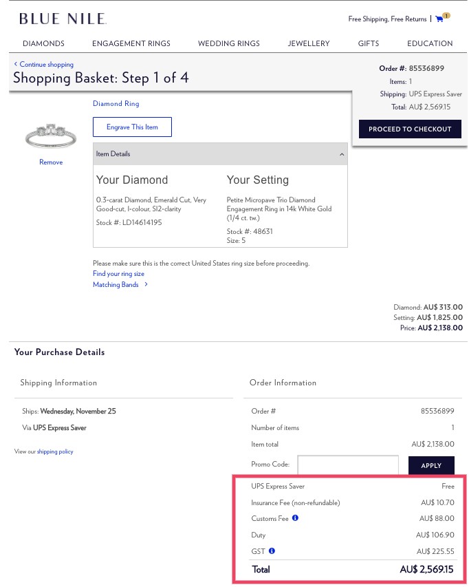 Blue Nile Australia checkout taxes and fees