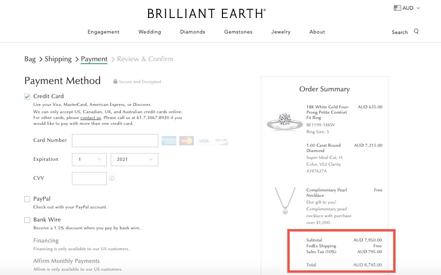 Brilliant Earth Australia Taxes collected at checkout