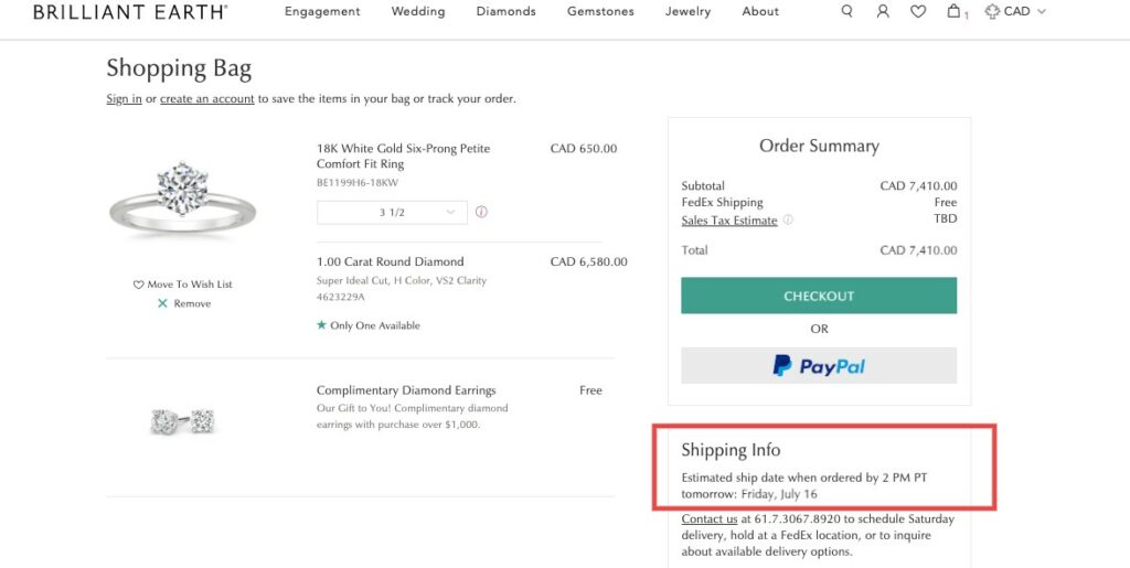 3. Brilliant Earth Shipping Estimate