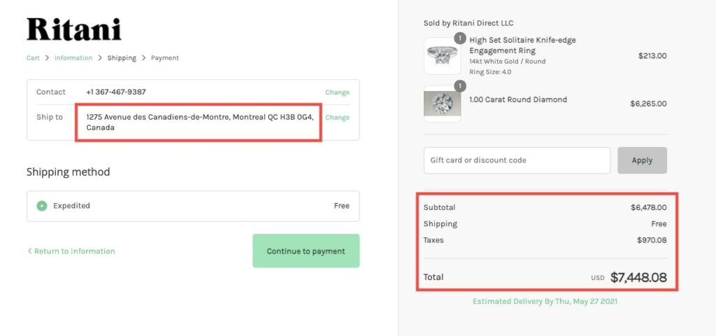 Ritani Quebec Sales tax