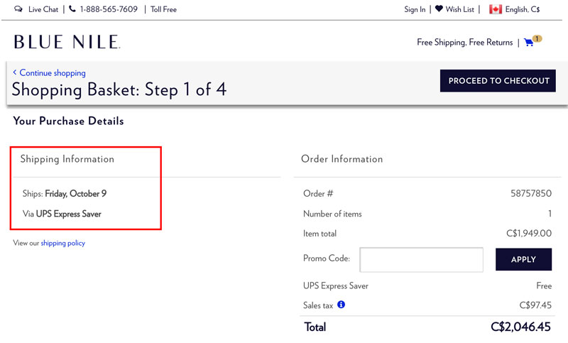 blue nile canada shipping time 1