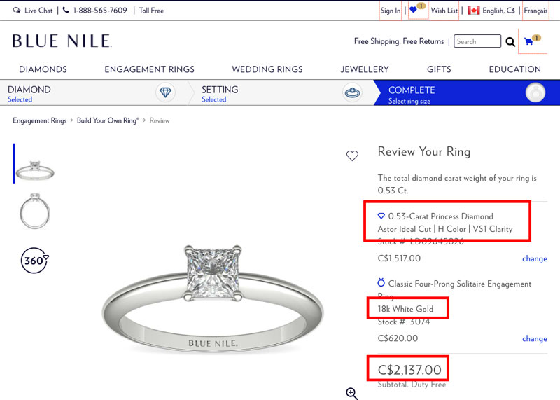 blue nile canadian princess cut engagement ring comparison 1