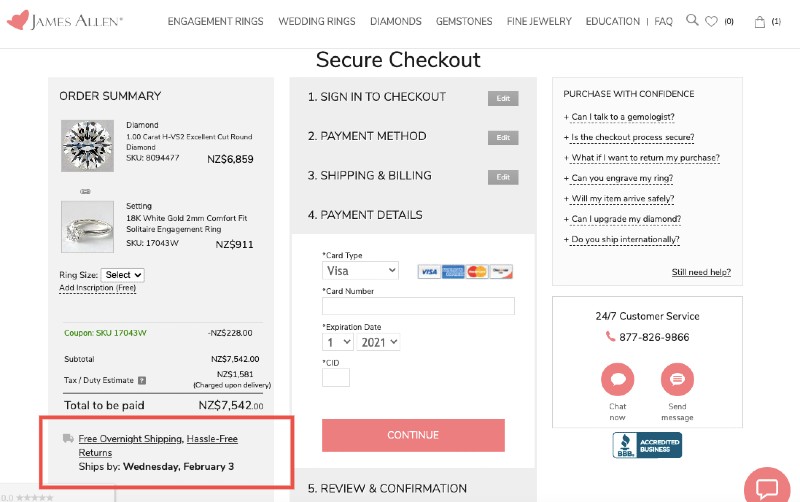 4 James Allen Checkout shipping estimate