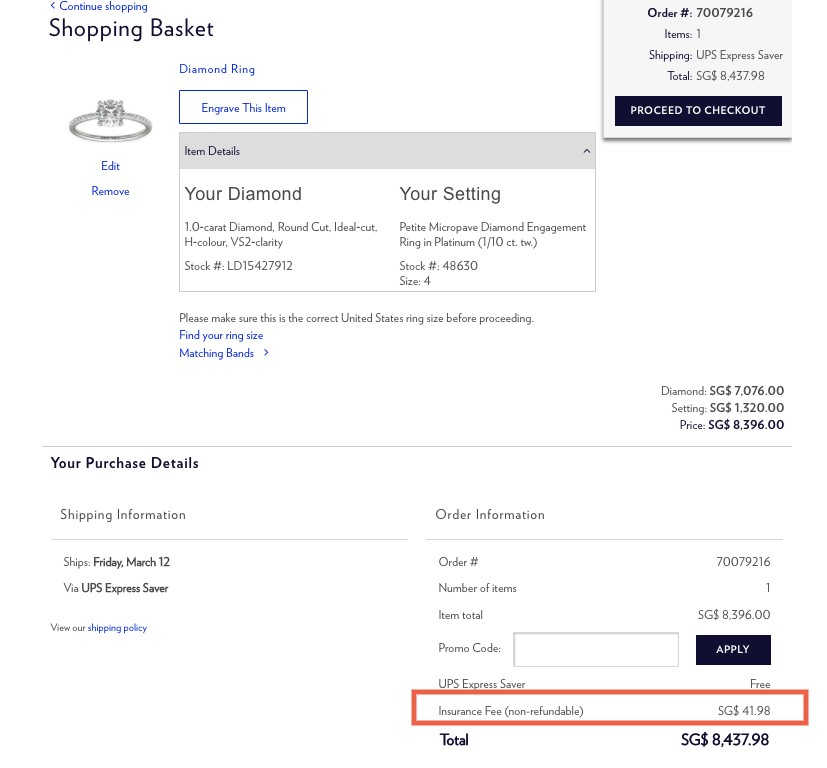 1.5 Blue Nile checkout insurance fee