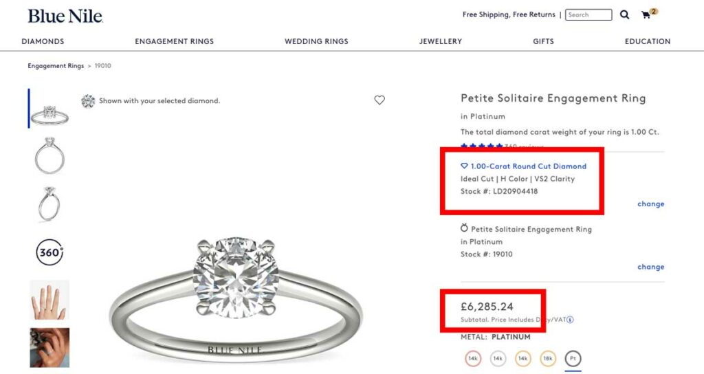 1 carat platinum diamond ring price
