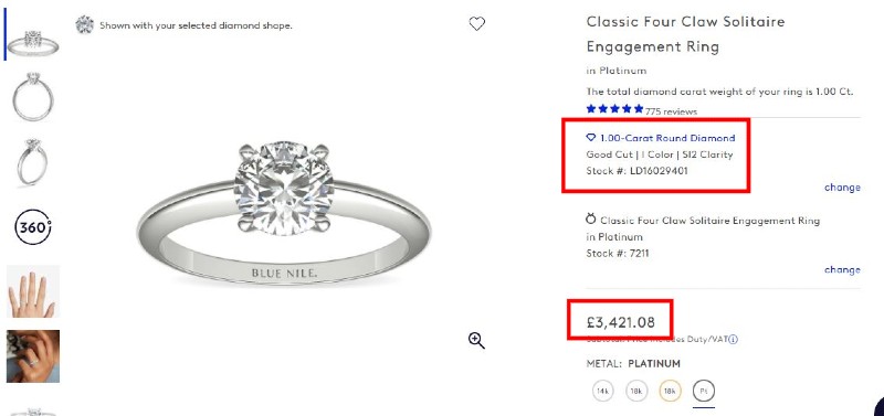 Vashi review Finding a diamond with the exact same specs and a similar four claw setting on Blue Nile, the price is £3,421.08 including all taxes.value for money