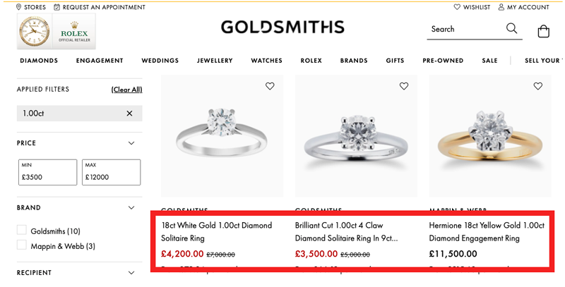 goldsmiths jewellers carat diamond ring prices