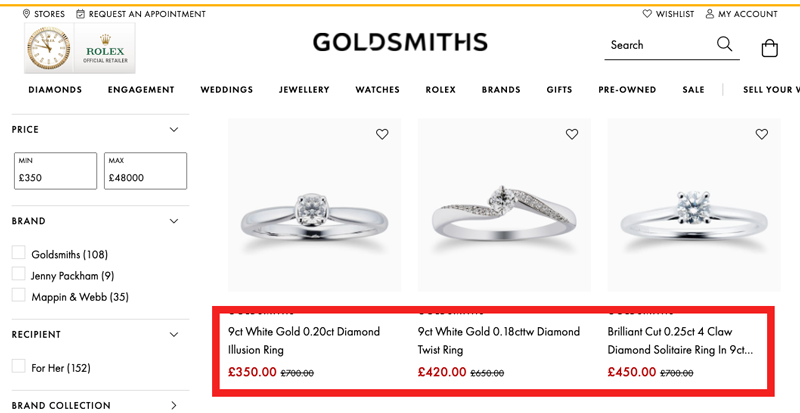 goldsmiths jewellers low carat diamond ring prices