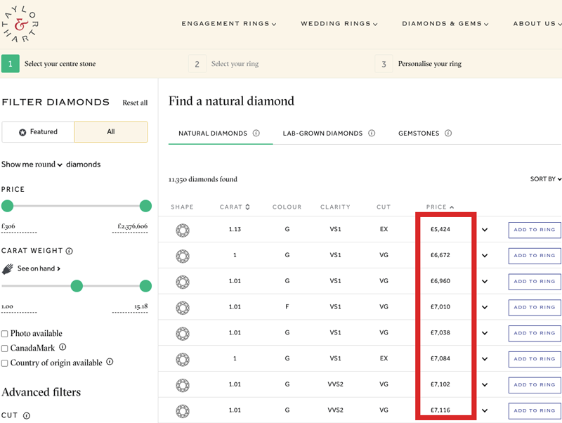 diamonds comparison price