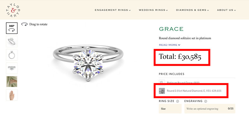 online price for 2 carat ring