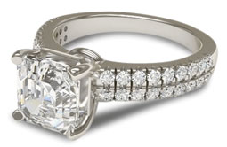 Asscher cut engagement ring with two rows of pave setting