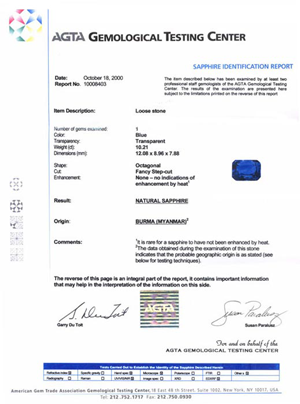 AGTA sapphire certificate