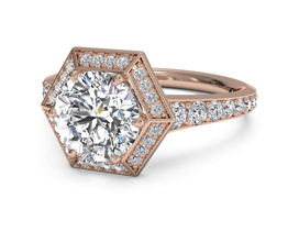 Round Vintage Hexagonal Halo Vaulted Diamond Band Engagement Ring