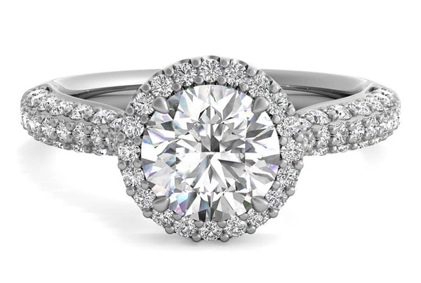 Round Cut Three Row Pave Diamond Halo Engagement Ring