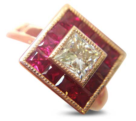 invisible setting ruby halo art deco engagement ring