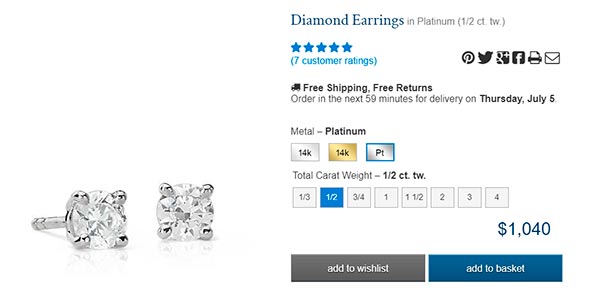 Diamond Stud Earrings carat round platinum precut BlueNile