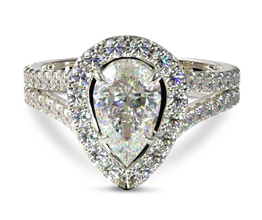 Split band halo pear diamond engagement ring