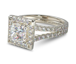 Split band pavé halo princess cut diamond engagement ring