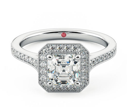 Talisman Asscher diamond halo ring with hand-applied milgrain