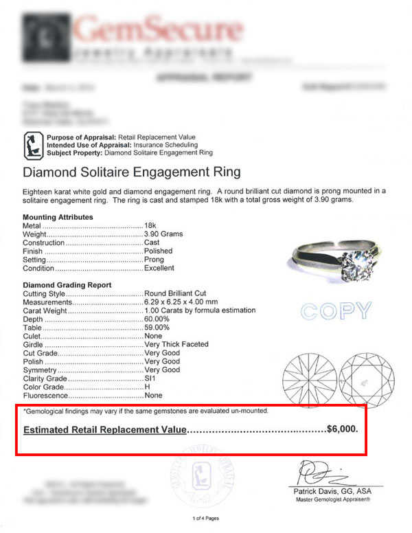 diamond ring appraisal certificate