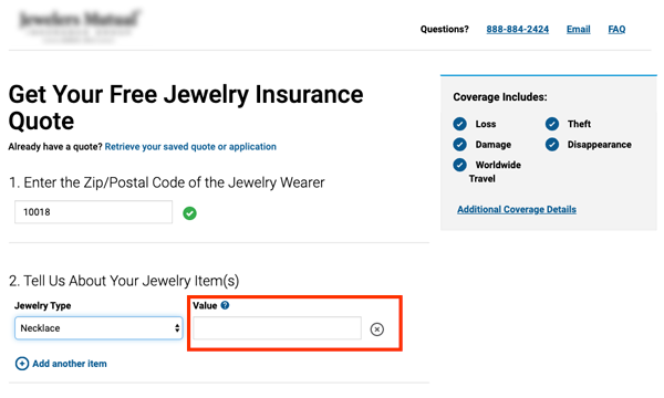 image of a jewelry insurance website requesting a valuation