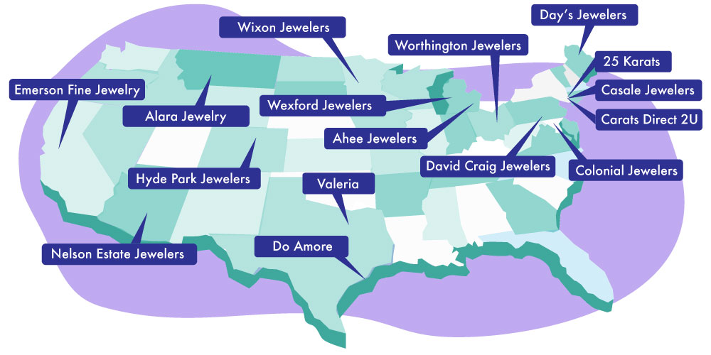 map showing the location of each of the jewelers who contributed to the article about 2020 engagement ring trends