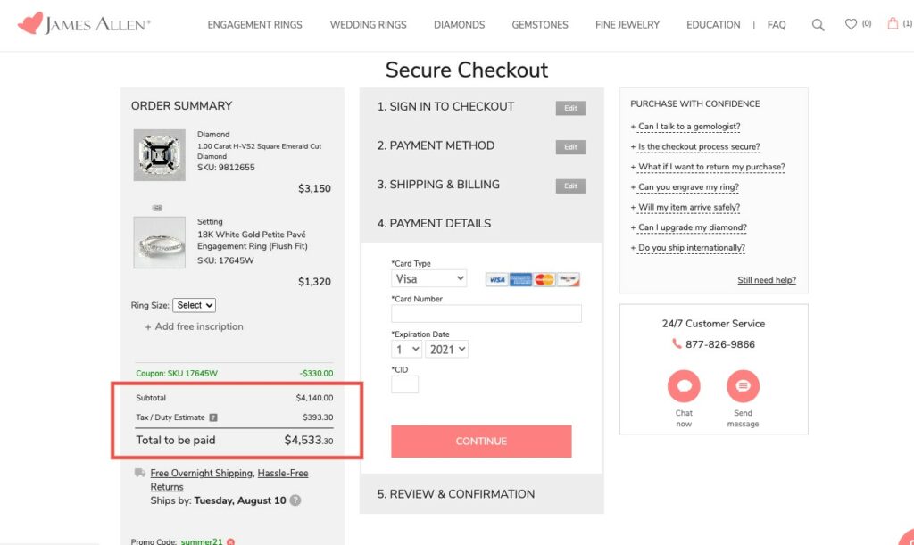 James Allen Tax in cart