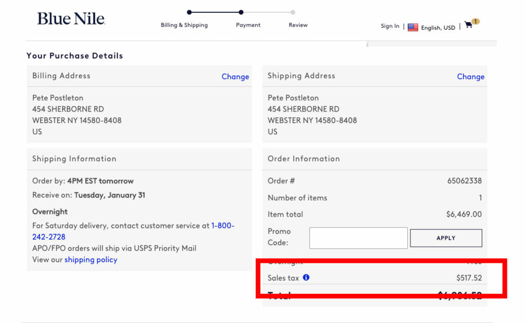 Blue nile sales tax on checkout