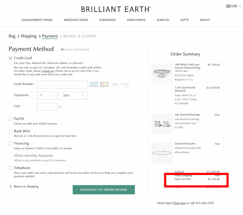 brilliant earth sales tax checkout