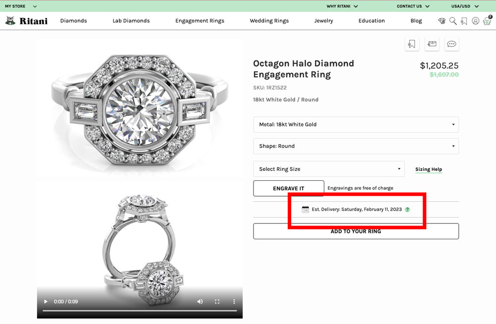 Ritani shipping on ring detail page