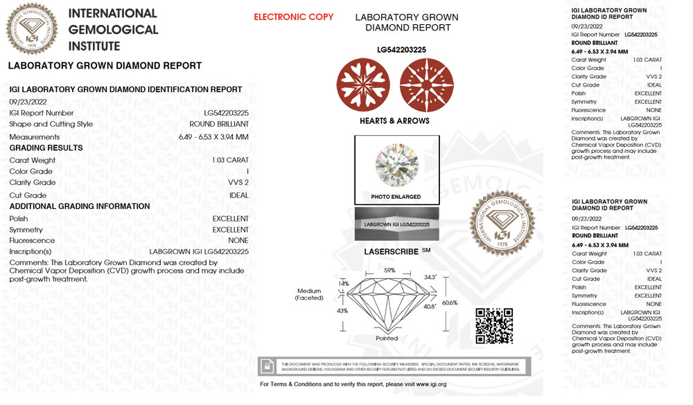 james allen lab grown igi grading report