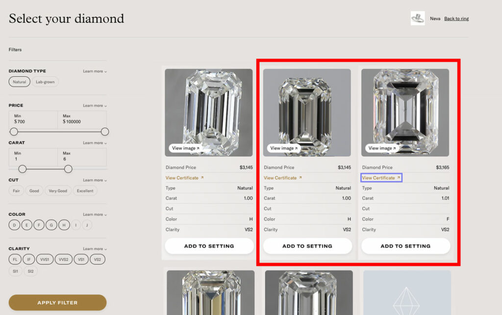 wove emerald cut diamond search