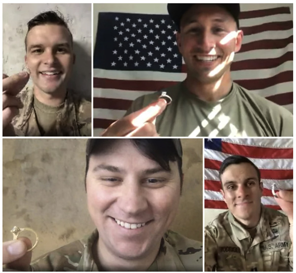 Solders showing engagement rings on a vide call that they have designed with jewelry company Wove