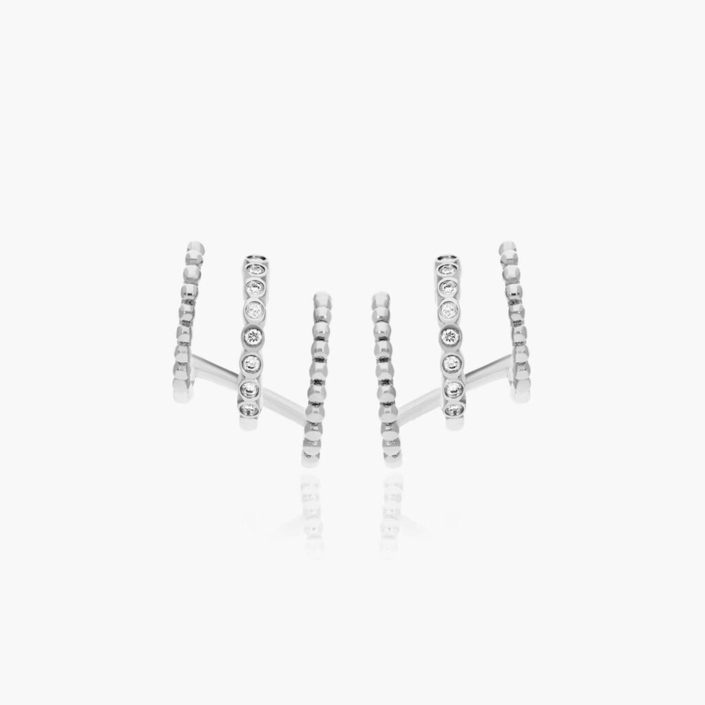 K White Gold Bead And Diamond Three In One Huggie Earring By Brevani