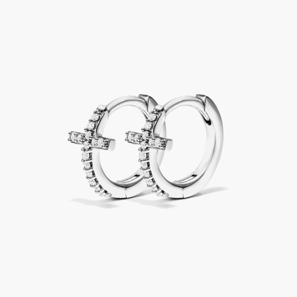 K White Gold Cross Diamond Huggie Hoop Earrings By Brevani