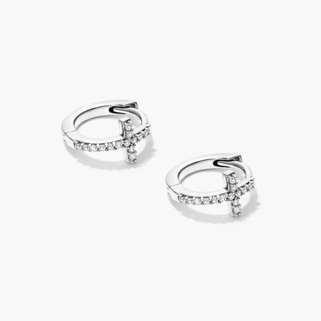 K White Gold Cross Diamond Huggie Hoop Earrings By Brevani