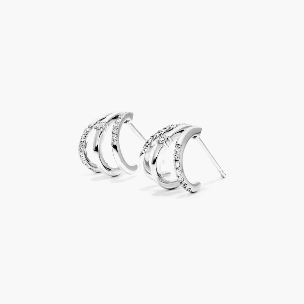 K White Gold Triple Row Diamond Huggie Earrings By Brevani