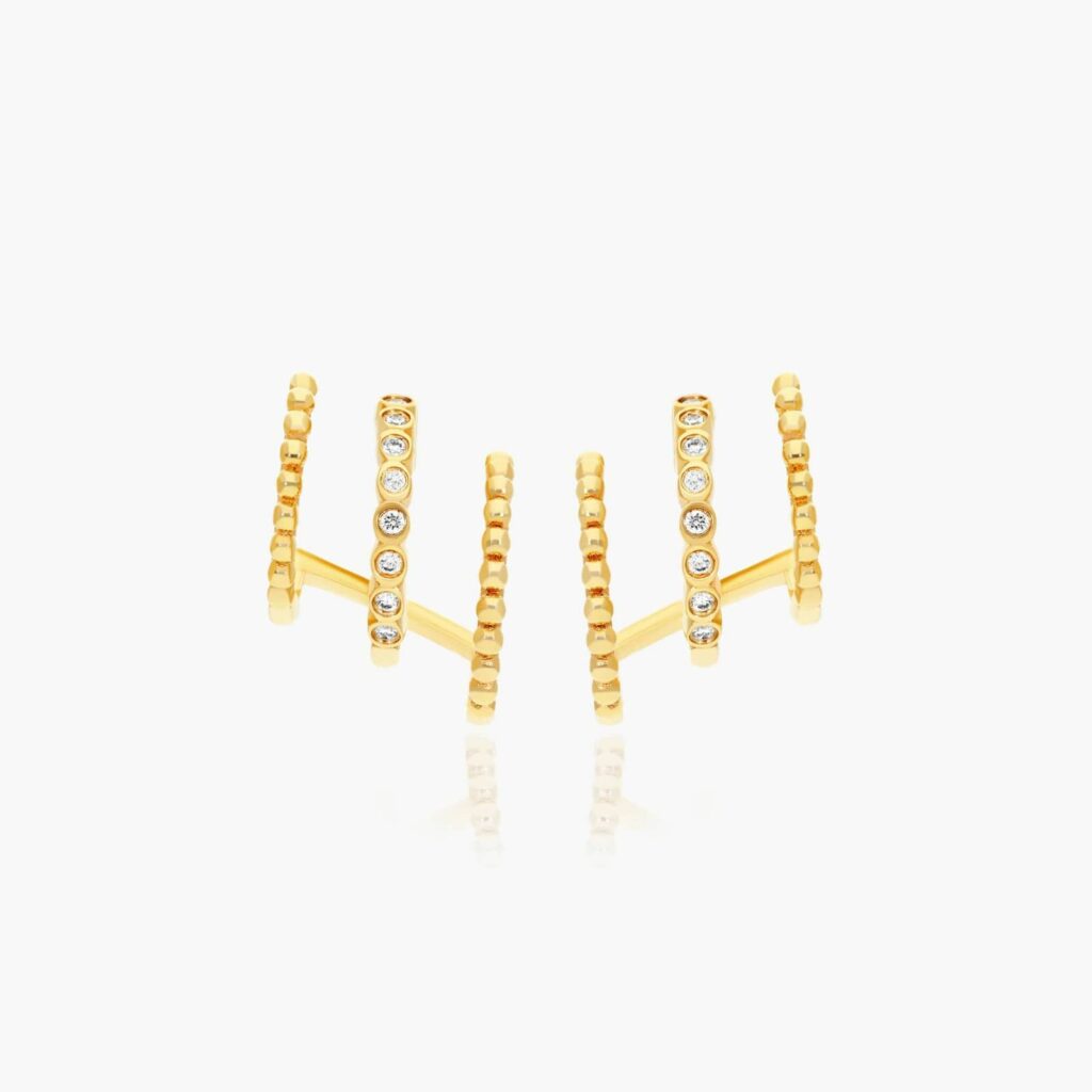 K Yellow Gold Bead And Diamond Three In One Huggie Earring By Brevani front