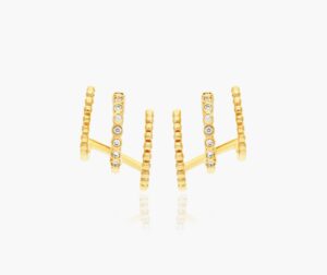 K Yellow Gold Bead And Diamond Three In One Huggie Earring By Brevani front