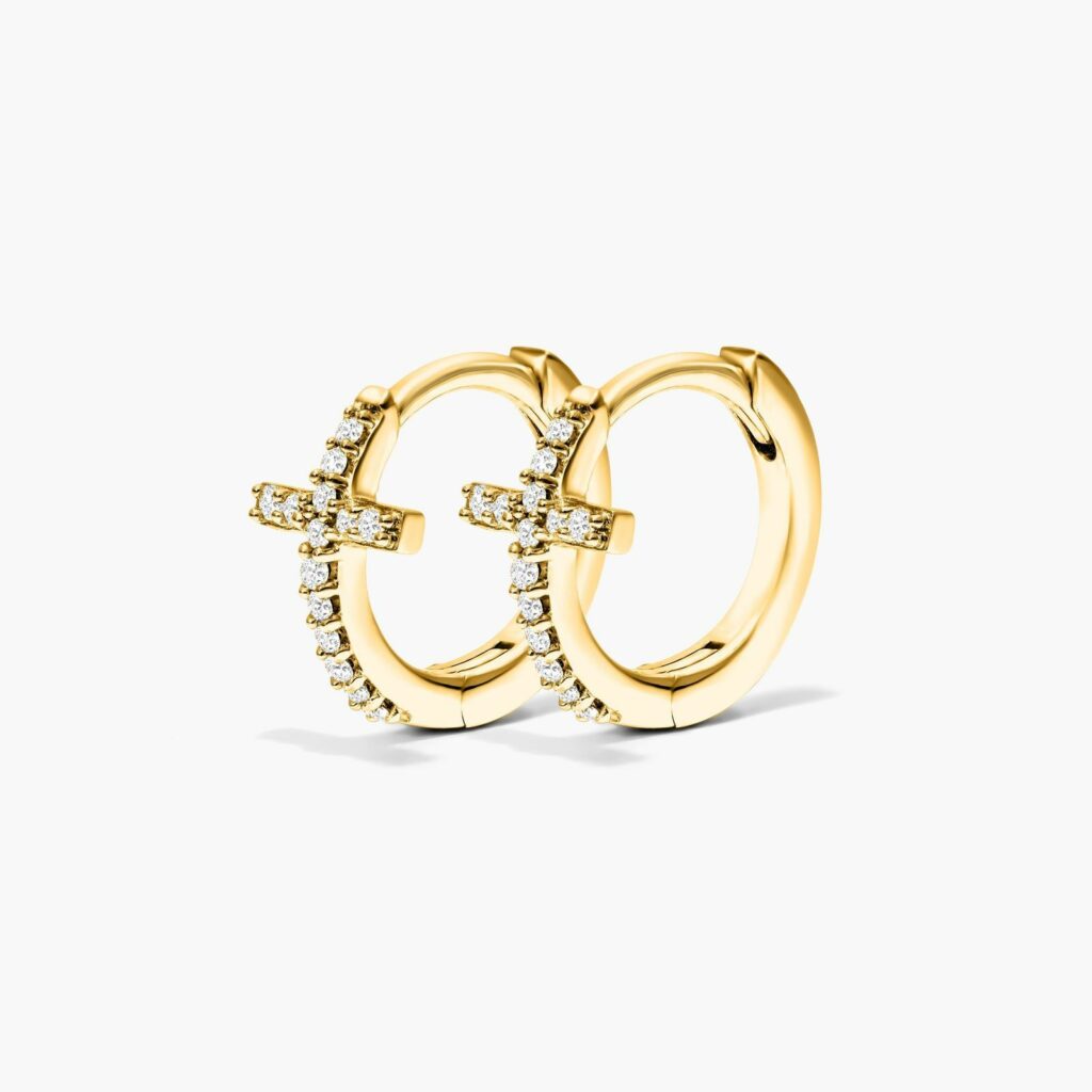 K Yellow Gold Cross Diamond Huggie Hoop Earrings By Brevani