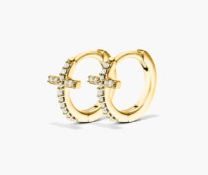 K Yellow Gold Cross Diamond Huggie Hoop Earrings By Brevani