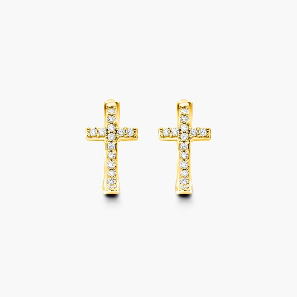 K Yellow Gold Cross Diamond Huggie Hoop Earrings By Brevani