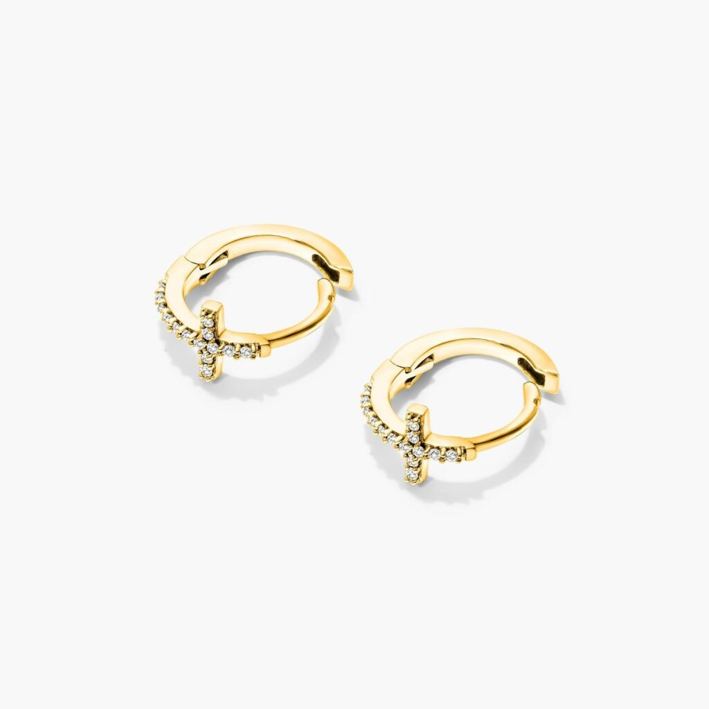 K Yellow Gold Cross Diamond Huggie Hoop Earrings By Brevani