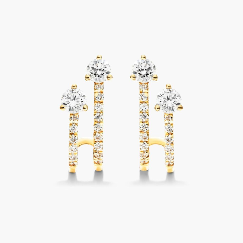 K Yellow Gold Diamond Double Row Huggie Earrings By Brevani