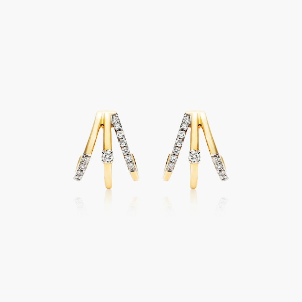 K Yellow Gold Triple Row Diamond Huggie Earrings By Brevani