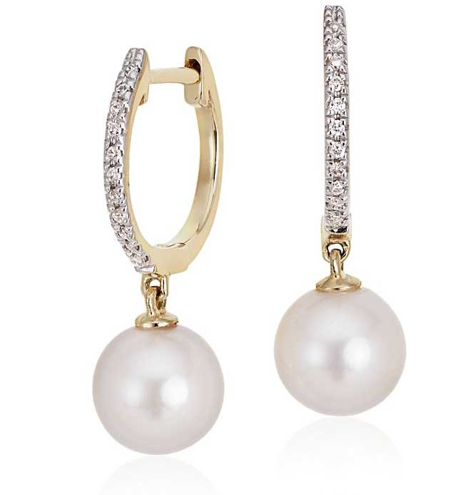 Akoya Cultured Pearl and Diamond Drop Hoop Earrings