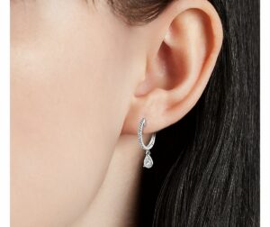 Diamond Huggie Hoop Earrings with Pear Drop in k White Gold on ear