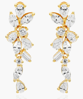 14K Yellow Gold Whimsical Diamond Floral Cluster Drop Earrings