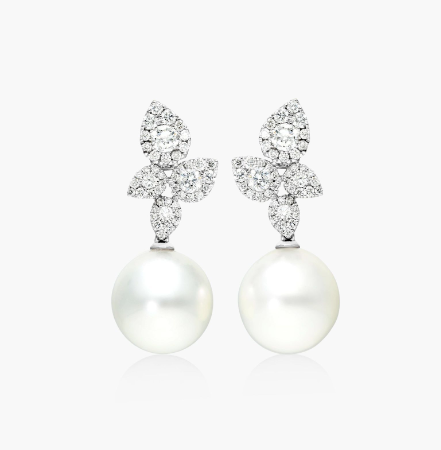 Teardrop Diamond Cluster And South Sea Cultured Pearl Drop Earrings